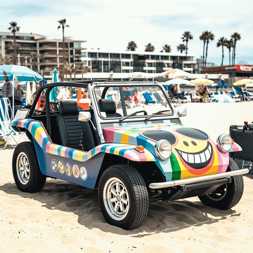 Colorful dune buggy with rainbow patches and smiley face on beach