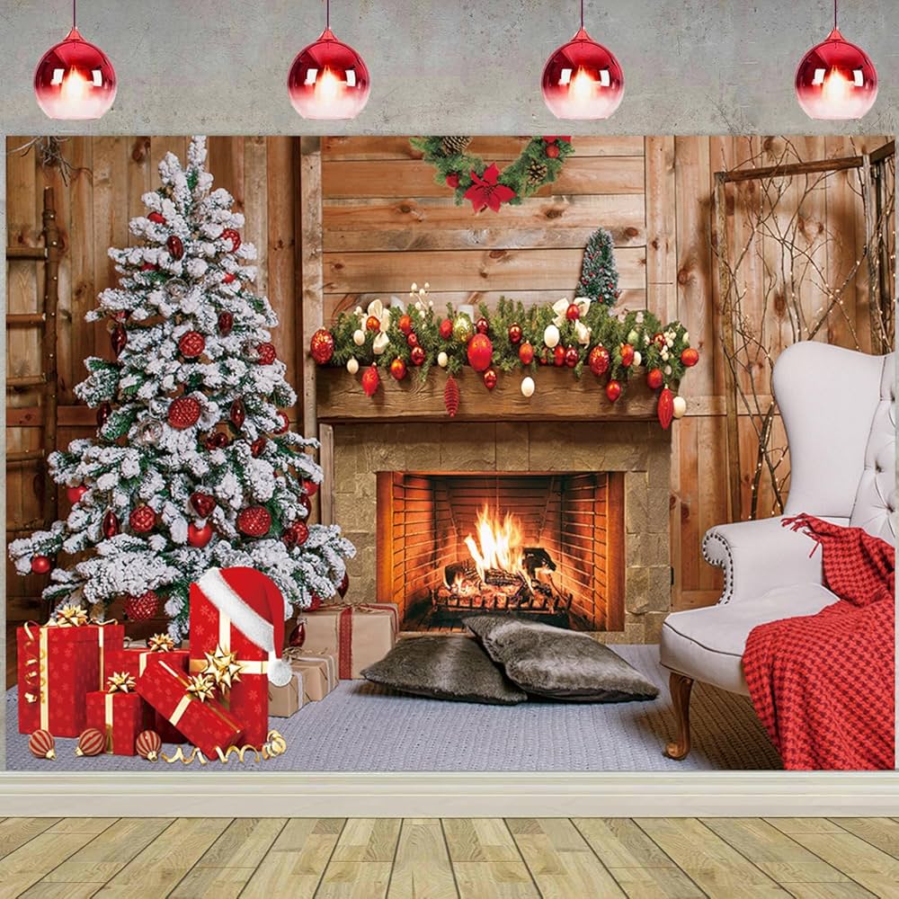Festive living room with Christmas tree, fireplace, presents, and holiday decorations in red and white