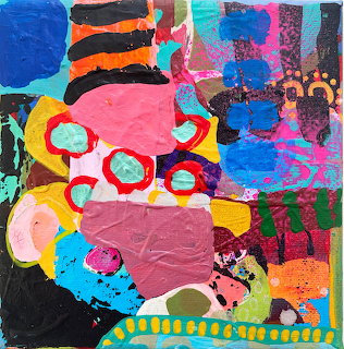 Colorful abstract painting with geometric shapes, circles, stripes, and layered patterns in bright pink, blue, yellow, and orange