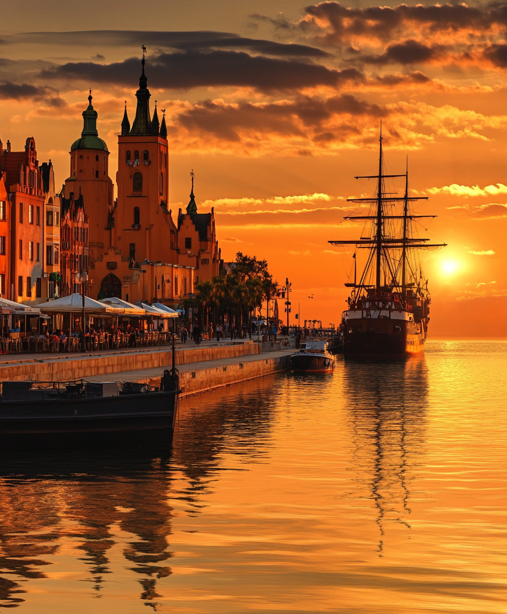 Tall ship docked at sunset in harbor with historic buildings and orange sky