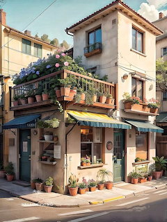 Two-story pink corner shop with striped awning, rooftop terrace, and potted plants on sidewalk