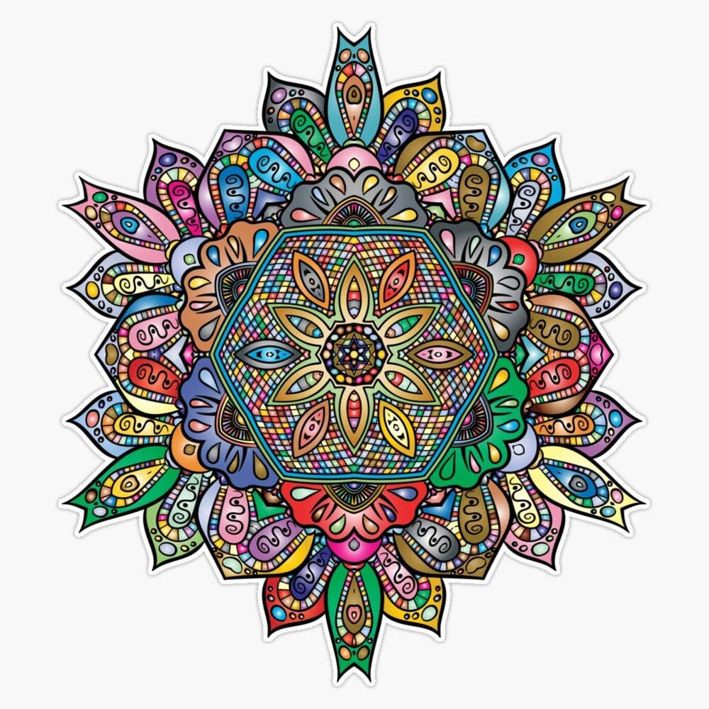 Colorful mandala with geometric patterns, floral petals, and central star design