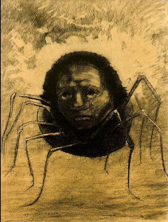 Charcoal drawing of a large spider with a weping human face as its body