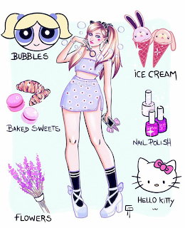 Illustration of a girl in purple crop top and skirt with cute icons like Hello Kitty, ice cream, and flowers