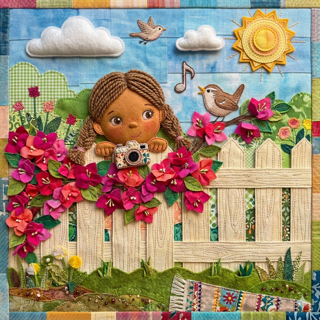 Cheerful girl with camera behind white fence with pink flowers, birds, sun, and patchwork border