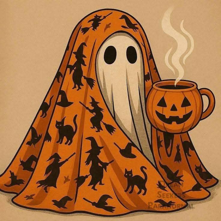 Cartoon ghost in orange Halloween blanket holding pumpkin coffee mug with steam rising