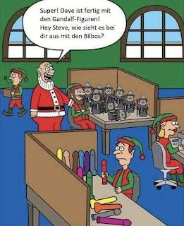 Cartoon Santa in workshop with elves making toys at tables with colorful supplies and windows in background