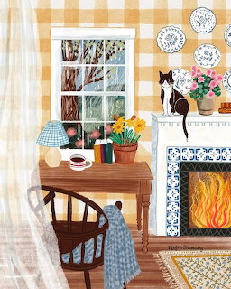 Illustrated cozy room interior with fireplace, black cat on mantel, wooden table, window, and warm decor