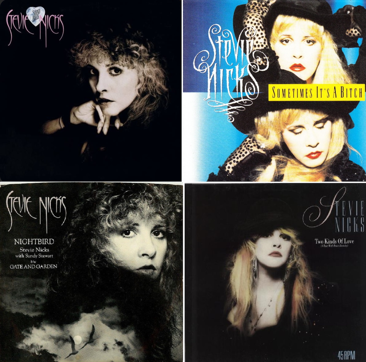 Collage of four Stevie Nicks single cover portraits with dark backgrounds and stylized lettering