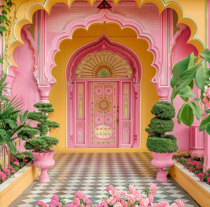 Ornate pink and gold arched doorway with decorative details, flanked by potted plants and pink flowers on checkered floor