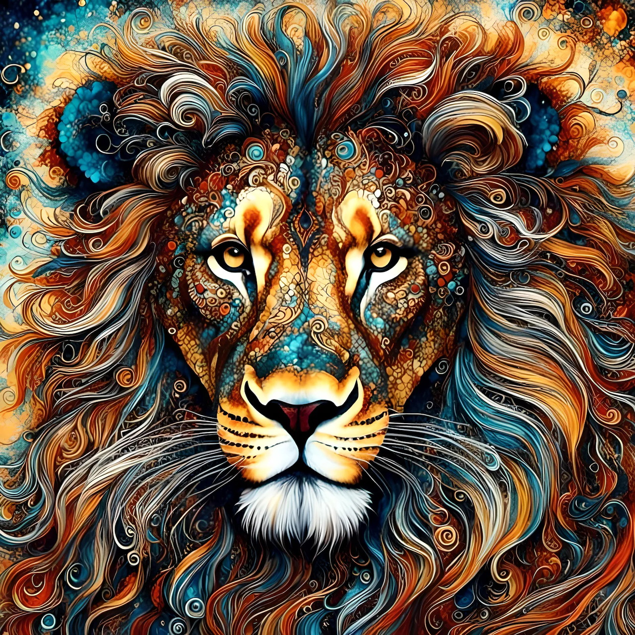 Colorful zentangle-style lion portrait with intricate swirling mane patterns