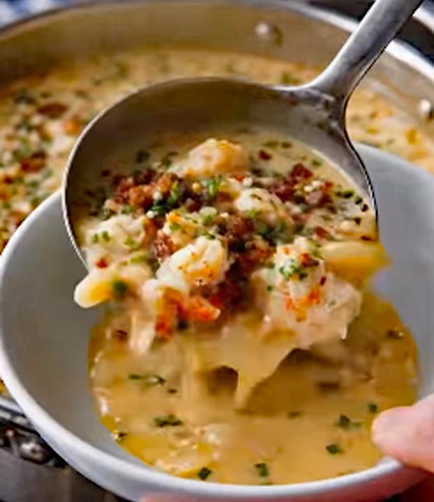 Ladle scooping creamy seafood chowder with bacon and chives from a pot