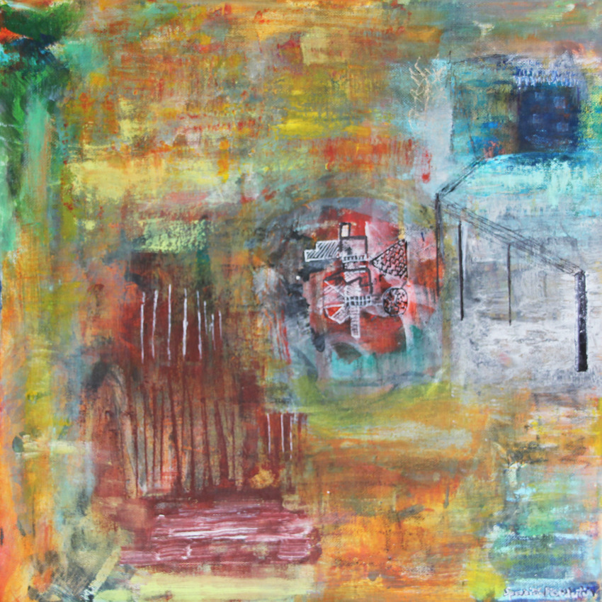 Abstract painting with layered textures, brushstrokes, and blended warm and cool colors