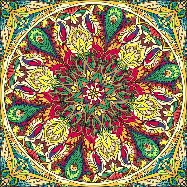 Colorful mandala with peacock feather design in red, green, yellow and gold with symmetrical ornate pattern