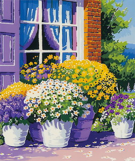 Vibrant flower pots with white, yellow, and purple flowers beside a purple window on a sunny porch