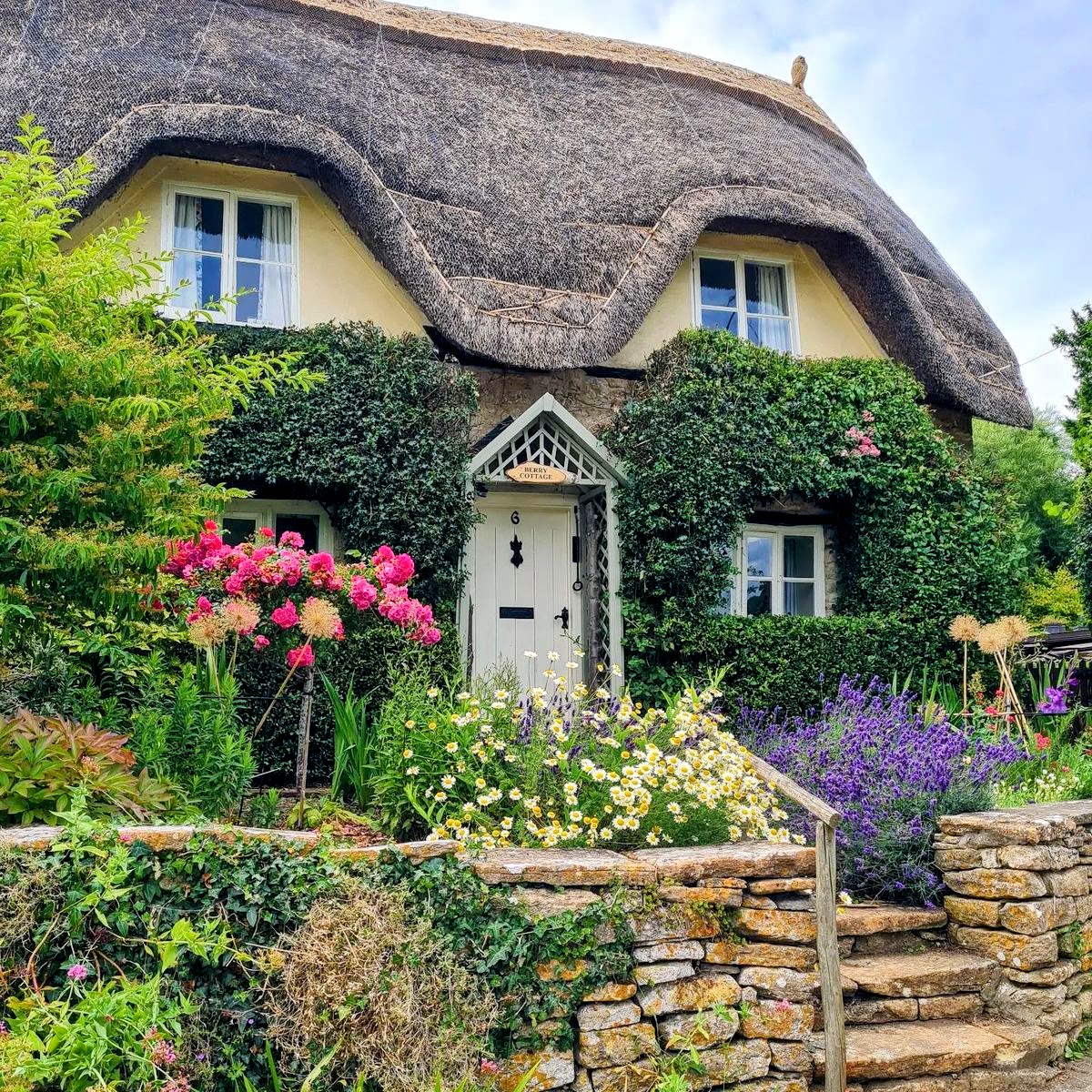 Yellow thatched cottage with flowering garden and stone wall in front