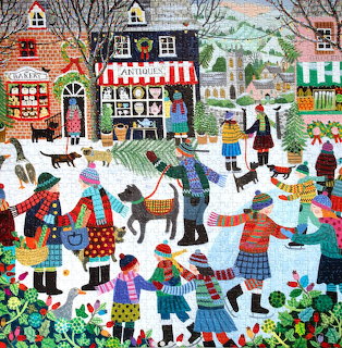 Folk art painting of people shopping in a snowy village square with Tudor houses, black cats, and bare winter trees