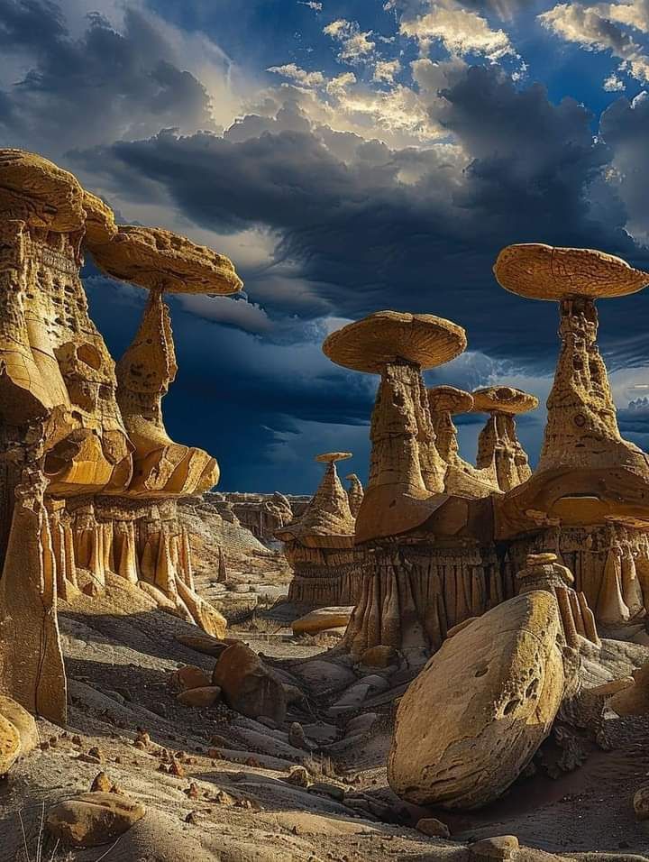 Tall sandstone hoodoo rock formations with mushroom-shaped caps under a dramatic cloudy sky in a desert