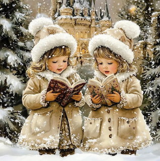 Two little girls in winter coats reading books in falling snow by a Christmas tree