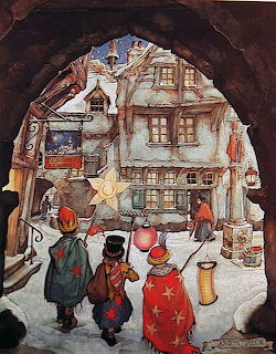 Three Kings in colorful robes approaching a snow-covered village square with timber-framed buildings under an archway