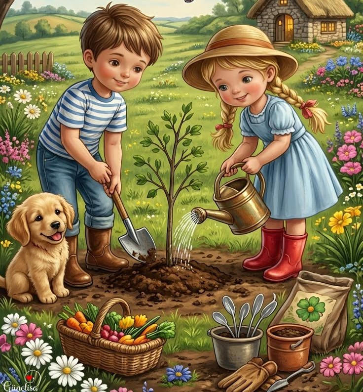 Illustrated children planting a young tree in a flower garden with a puppy and cottage behind them.