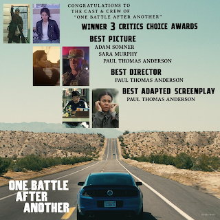 One Battle After Another poster collage with cast images, award text, and a car driving on a desert road