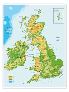 Illustrated map of Great Britain and Ireland with labeled regions and surrounding seas