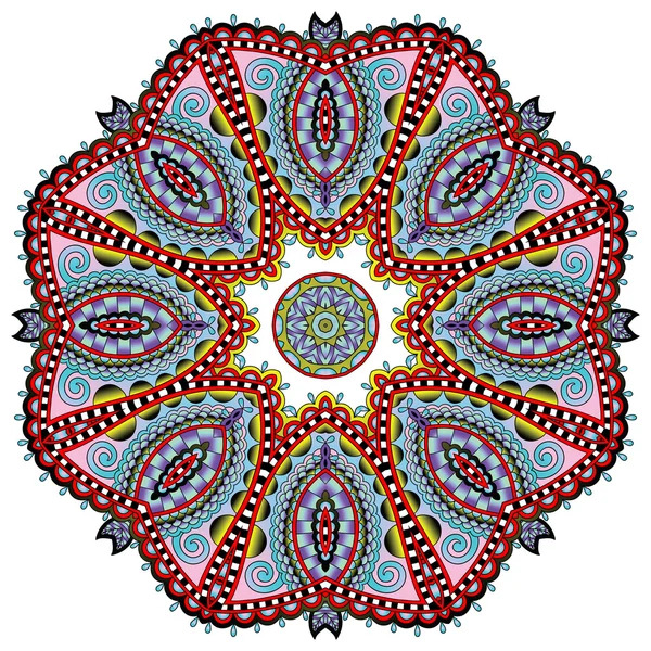 Colorful symmetrical mandala with paisley patterns and ornate dot work in red, blue, and yellow