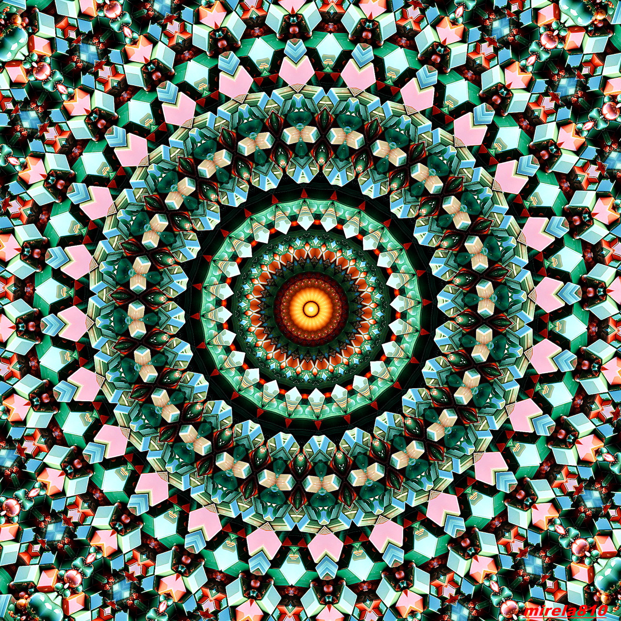 Circular mandala with turquoise, pink and orange geometric patterns radiating from center