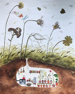 Illustrated underground mouse kitchen beneath wildflowers with butterflies and birds flying above