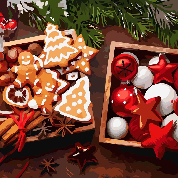 Christmas gingerbread cookies and holiday ornaments on a festive table