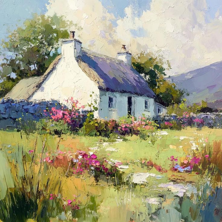 Impressionist painting of white thatched cottage with colorful wildflower garden and distant mountains
