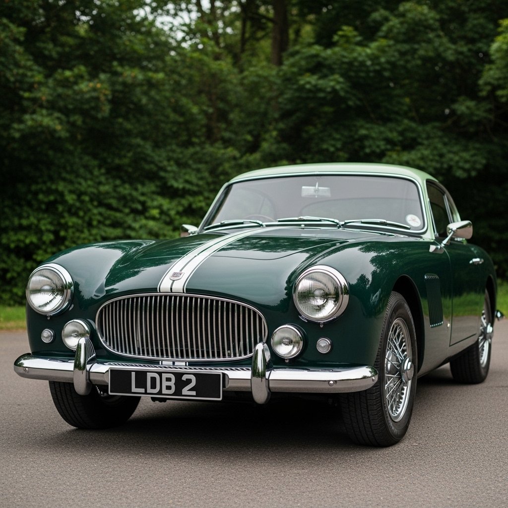 Classic green 1956 Aston Martin DB2/4 Mark II seen from the front on a tree-lined road