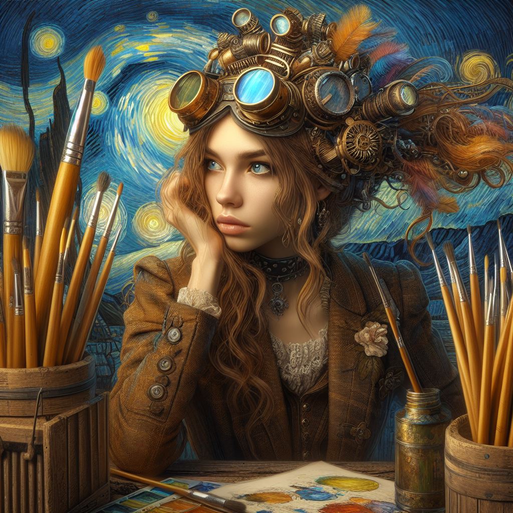 Steampunk girl with goggles on her head surrounded by paint brushes against a swirling starry background