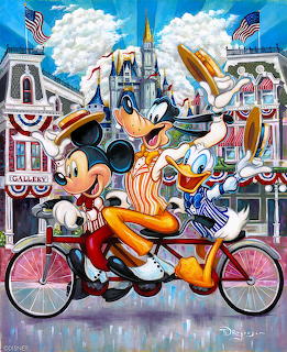 Disney characters Mickey Mouse, Donald Duck, and Goofy riding tandem bicycle in front of castle with American flags