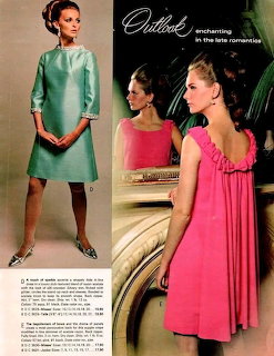 Two female models in 1968 vintage fashion: mint green shift dress and hot pink backless gown from a magazine spread.