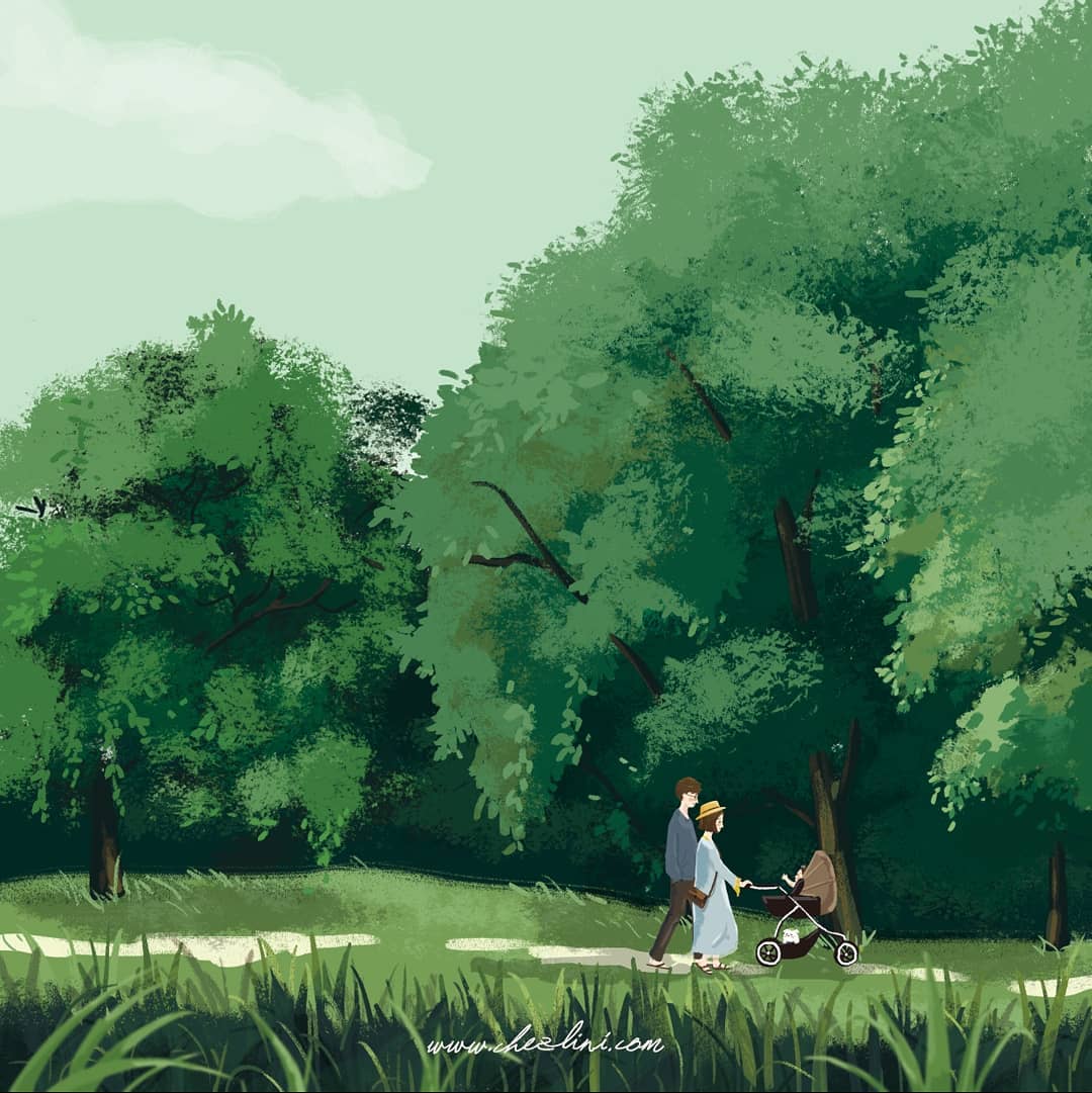 Illustrated scene of woman walking dog in green park with trees