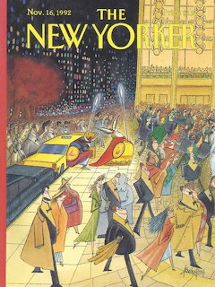 Illustrated New Yorker magazine cover depicting bustling Manhattan street with taxis and crowds during holidays