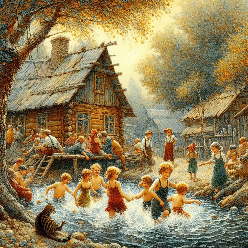 Children splashing and playing in a stream by rustic village cottages with autumn foliage overhead