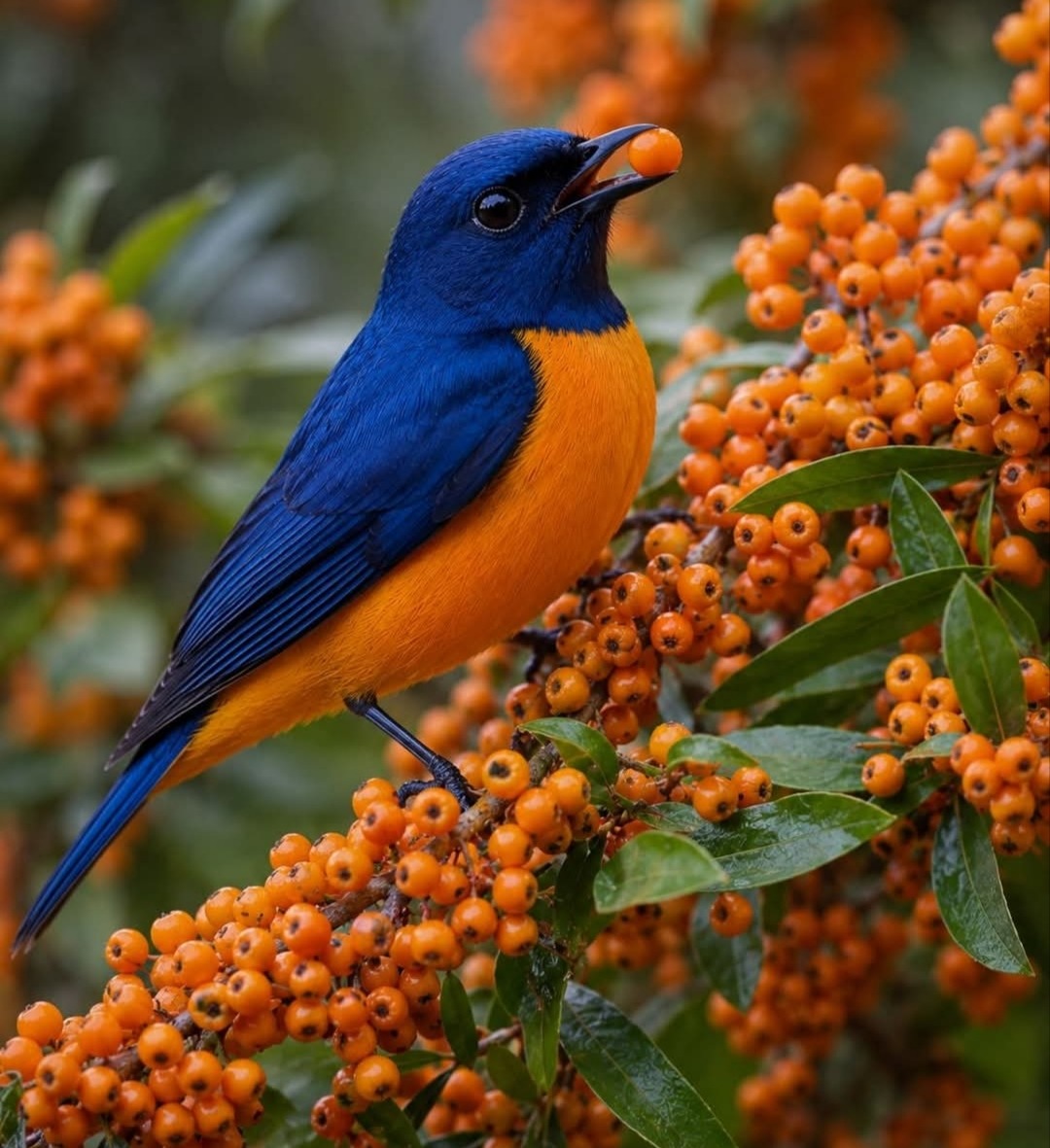 Blue and orange bird perched on a branch surrounded by orange berries, holding a berry in its beak