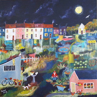Naive art painting of colorful village at night with houses, gardens, moon, and people with pets