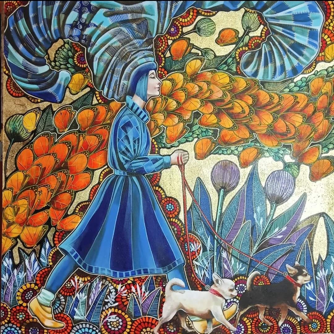 Autumn Woman Walking Dogs