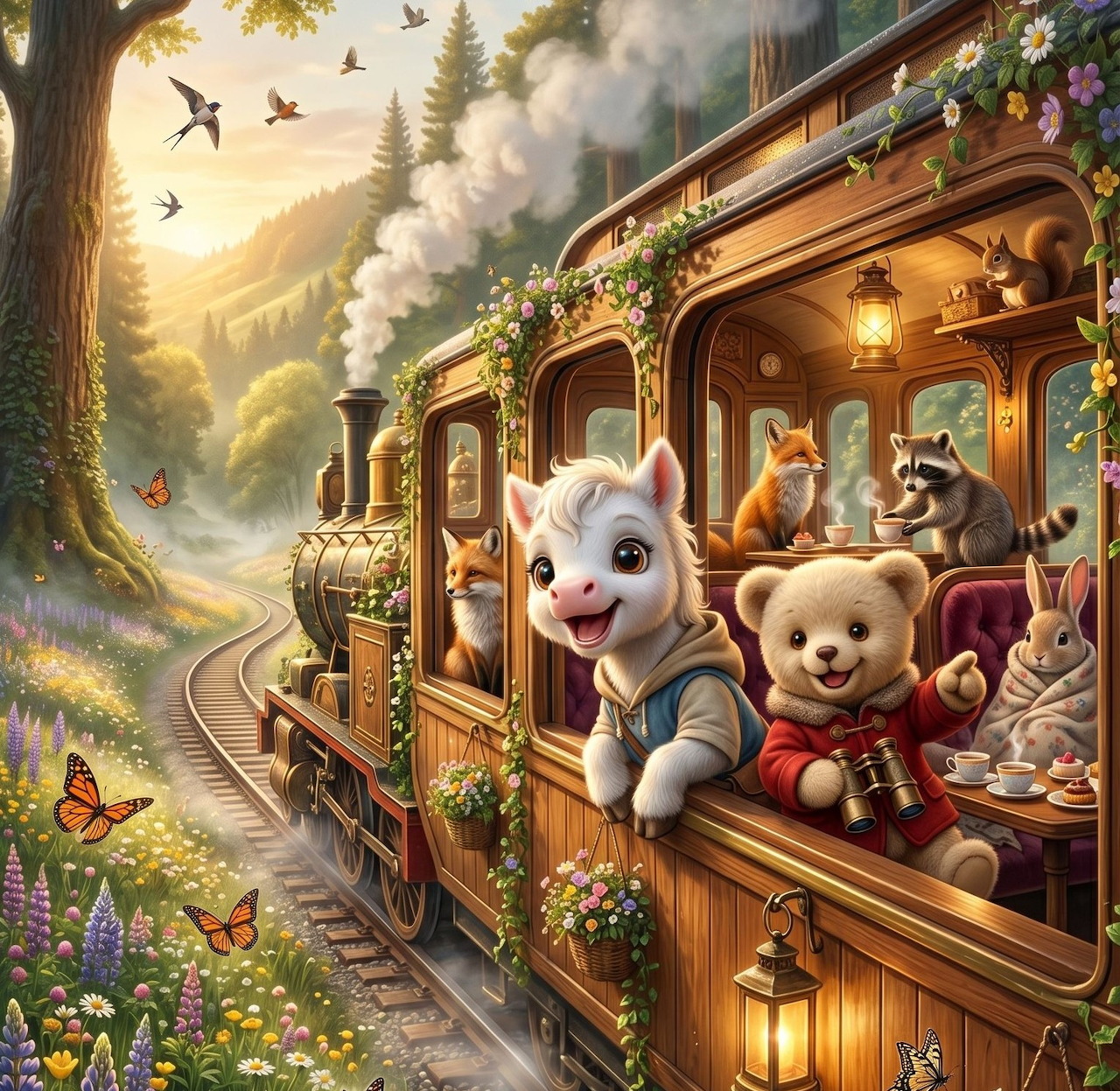 Cute animals leaning from a vintage steam train in a sunlit forest with flowers and butterflies