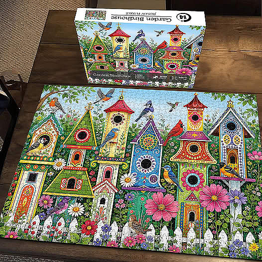 Completed colorful birdhouse puzzle and matching box on a wooden table