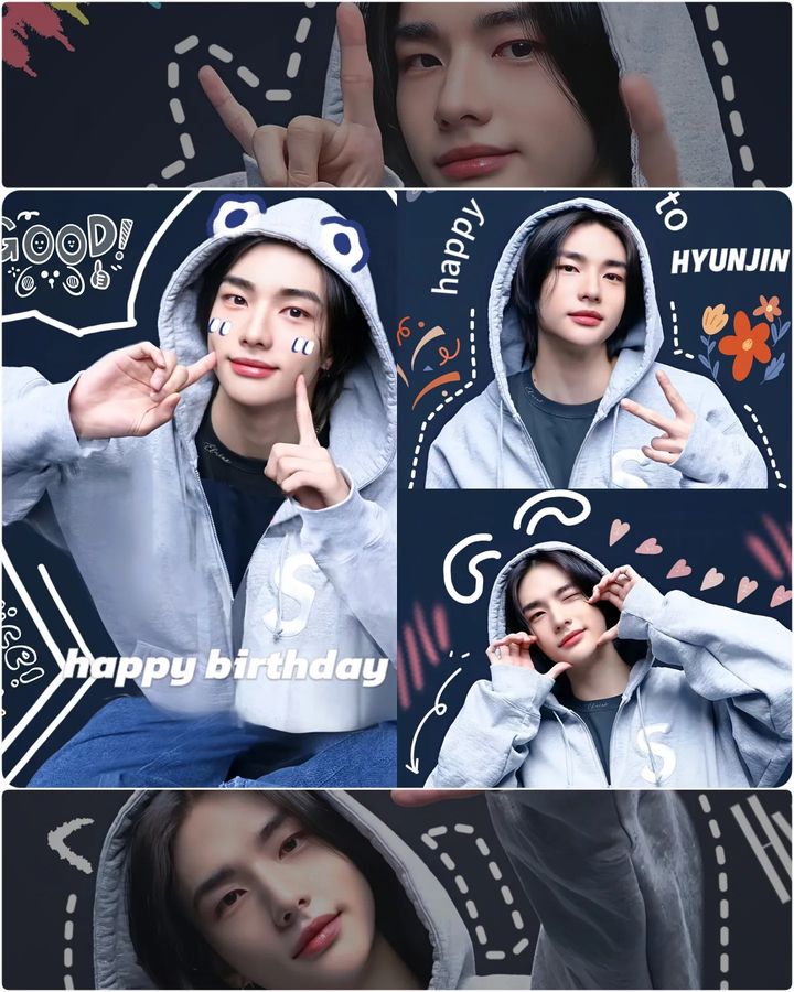 Photo collage of K-pop idol Hyunjin in blue hoodie showing peace signs and casual poses