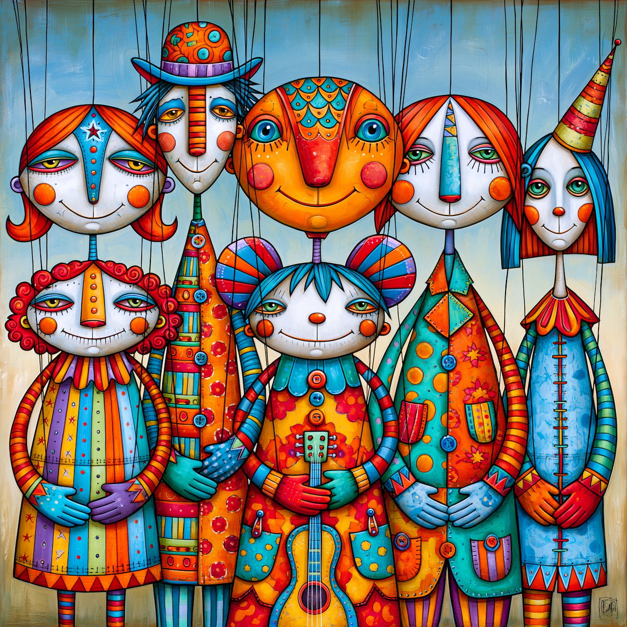 Row of colorful abstract puppet dolls with geometric patterns and expressive faces