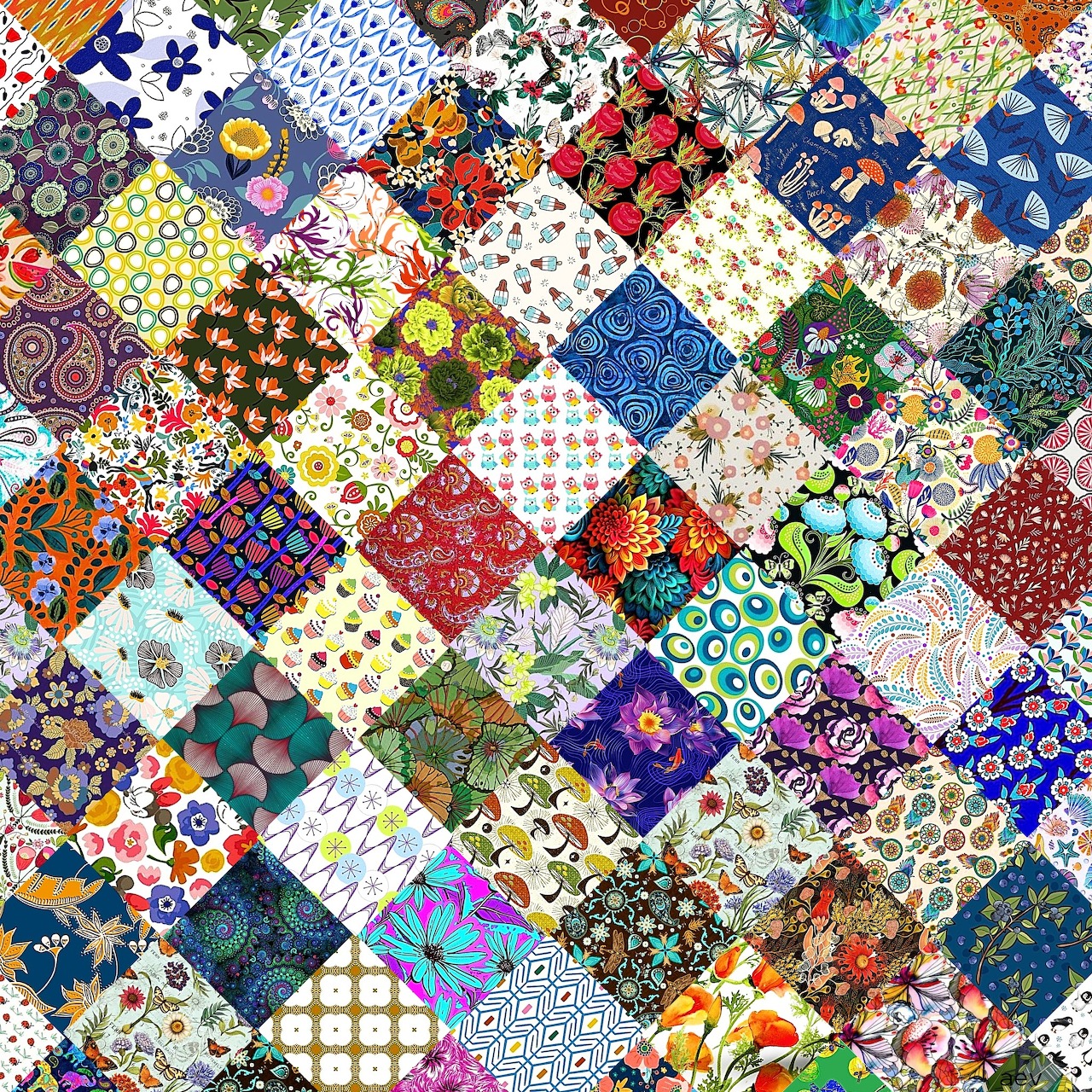Colorful patchwork quilt with varied floral and geometric patterns in squares