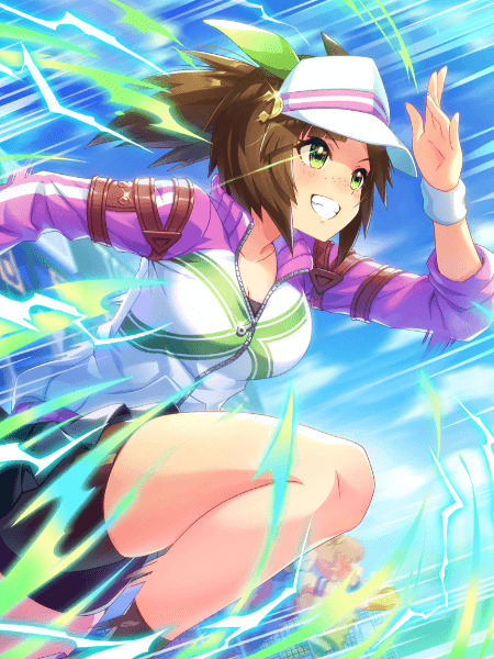 Anime girl Ines Fujin from Umamusume, white hat, purple jacket, energetic pose with electric blue effects