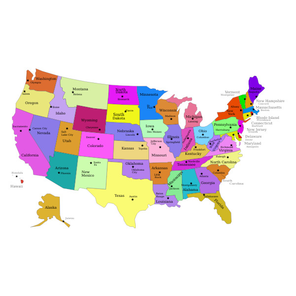 Colorful labeled map of the United States showing individual states