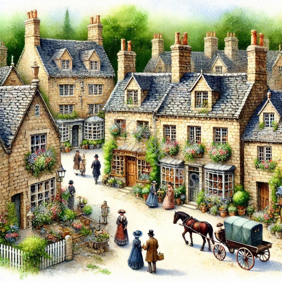 Painting of a quaint village street with stone cottages, townspeople, and a horse-drawn carriage